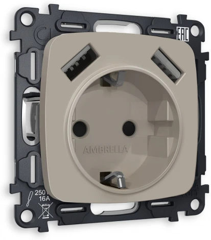 Комплект механизма Ambrella Volt электрической розетки OMEGA MO369010 Серо-бежевый матовый 2USB A+A18W быстрая зарядка с заземлением с шторками 2P+E 16A-250V QUANT