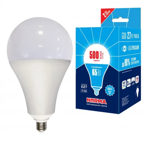 Лампа светодиодная, матовая, белый свет 4000K Volpe Norma LED-A160-65W/4000K/E27/FR/NR картон