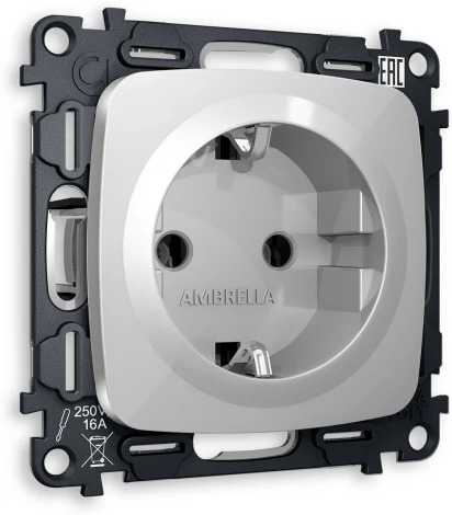 Комплект механизма Ambrella Volt электрической розетки OMEGA MO406010 Серебро глянец с заземлением на винтовых зажимах 2P+E 16A-250V QUANT