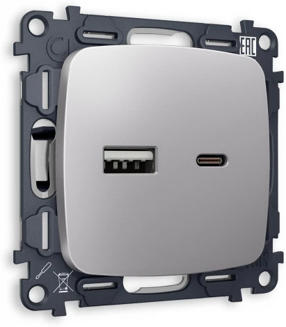 Комплект механизма Ambrella Volt розетки OMEGA MO511010 Сталь матовый 2USB A+C 20W быстрая зарядка QUANT