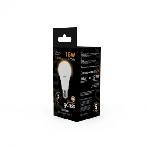 Лампочка светодиодная E27 16 Вт 1380 lm 3000K теплое желтое свечение Gauss 102502116