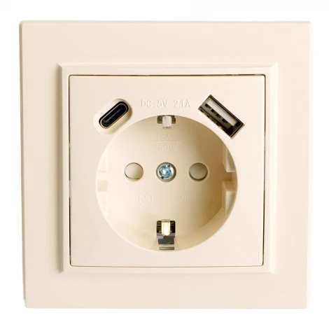 Розетка с заземлением и USB Type A+С (слоновая кость) Stekker Эрна 50077