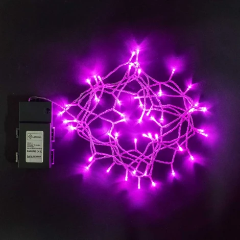 Гирлянда Нить на Батарейках с Таймером 5м Розовая, 50 LED, Провод Прозрачный Силикон, IP65