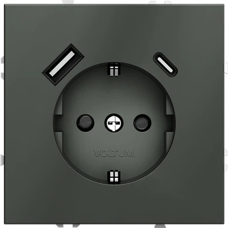 Розетка с заземлением, шторками и USB Type A+С (титан) Voltum S70 VLS040506