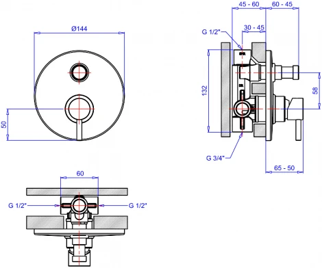 Смеситель Margaroli Moderna RU2008AA01CR для ванны с душем, С ВНУТРЕННЕЙ ЧАСТЬЮ