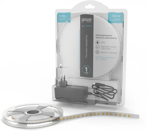 Светодиодная лента Gauss Basic BT071 LED 2835/120 12V 12W/m 1200lm/m 4000K 8mm IP65 5m