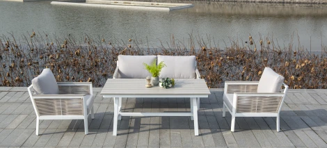 Диван 2-местный плетеный из роупа, каркас алюминий белый, роуп бежевый, ткань бежевая 4SIS Сан Ремо GFS4762S