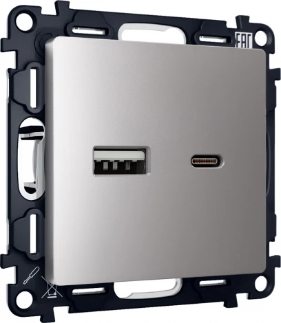 Комплект механизма Ambrella Volt розетки ALFA MA511010 Сталь матовый 2USB A+C 20W быстрая зарядка QUANT