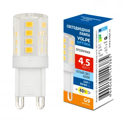 Лампа светодиодная, прозрачная. белый свет 4000K Volpe Optima LED-JCD-4,5W/4000K/G9/CL/SLS