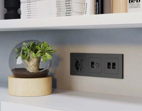 Комплект механизма ТВ-розетки оконечной и Ethernet RJ-45 розетки с автоматической защитной шторкой встраиваемый (графит мягкое касание) Ambrella Volt QUANT MA912510