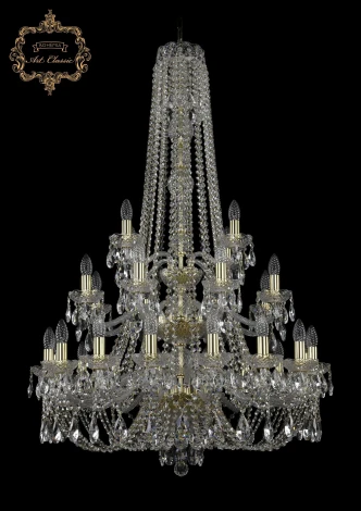 Подвесная большая люстра Art Classic 11.21 11.21.16+8+4.300.3d.h-128.Gd.Sp (220V, хрусталь, на цепи, подсвечник, свеча)
