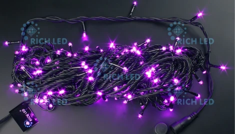 Гирлянда светодиодная розовая 8 режимов свечения 220B, 200 LED, провод черный, IP54 RL-T20C2-B/P Rich LED
