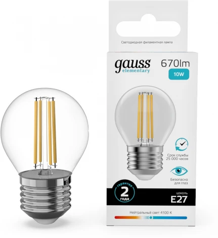 Лампочка светодиодная филаментная Gauss Filament Elementary 52220 Шар 10W 670lm 4100К Е27 LED
