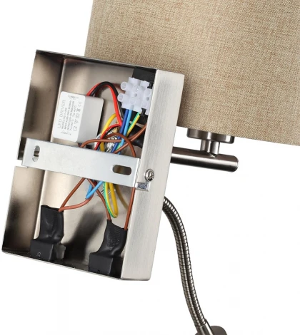 Бра на гибкой ножке для чтения Lumion Nikki 8250/2W никель/бежевый, металл/текстиль Е14 40W+ LED 3W 4000K 220V (выключатель)