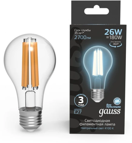 Лампочка светодиодная филаментная Gauss Filament 102902226 А70 26W 2700lm 4100К Е27 LED