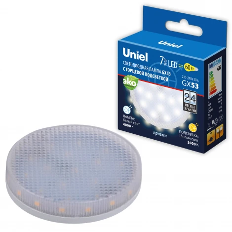 Лампочка светодиодная таблетка прозрачная GX53 7W 3000-4000K Uniel LED-GX53-7W/4000K+3000K/GX53/PR PLB02WH