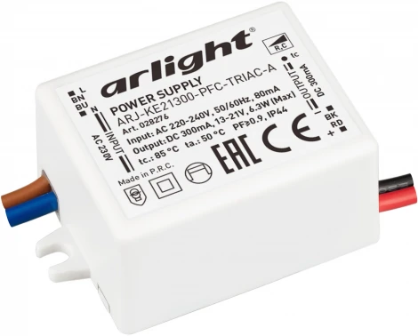 Блок питания ARJ-KE21300-PFC-TRIAC-A (6.3W, 300mA) (IP44 Пластик) 028276 Arlight ARJ