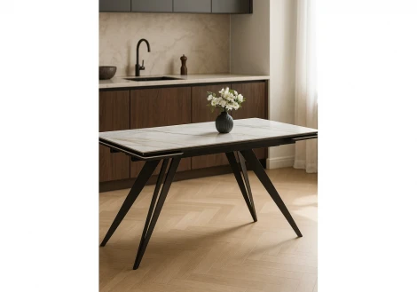 Кухонный стол Notta Дарвин 160(220)х89 белый с прожилками gilt white / черный