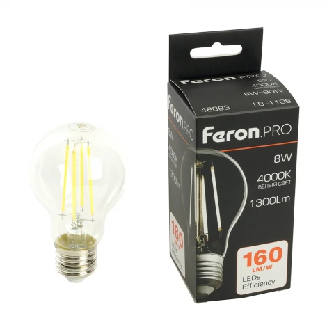 Лампа светодиодная филамент A60 шар 8W 175-265V E27 4000К Feron LB-1108 48893