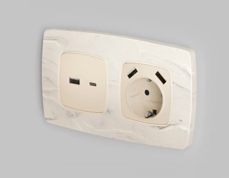 Лицевая панель Ambrella Volt OMEGA (Бежевый глянец) для электрической розетки с заземлением со шторками 2USB A+A QUANT OP3090