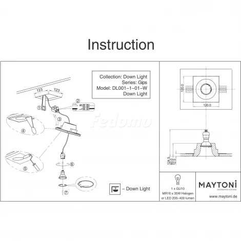 Встраиваемый светильник Gyps Modern GU10 1x35Вт Maytoni Technical DL001-1-01-W
