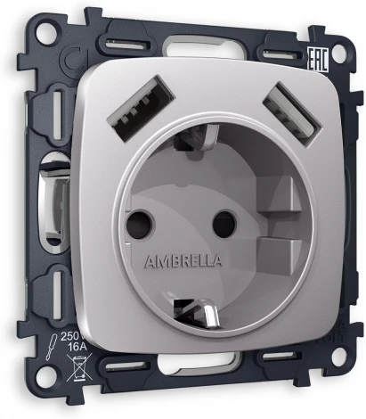 Комплект механизма Ambrella Volt электрической розетки OMEGA MO509010 Сталь матовый 2USB A+A 18W быстрая зарядка с заземлением и шторками 2P+E 16A-250V QUANT