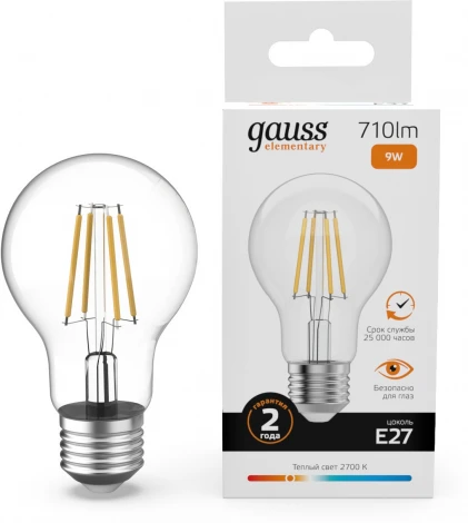 Лампочка светодиодная филаментная Gauss Filament Elementary 22219 А60 9W 710lm 2700К Е27 LED