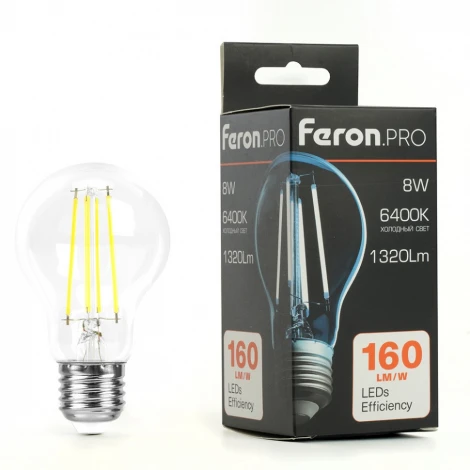 Лампа светодиодная филамент A60 шар 8W 175-265V E27 6400К Feron LB-1108 48894