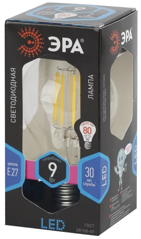 Лампочка светодиодная филаментная E27 9W ЭРА F-LED A60-9W-840-E27
