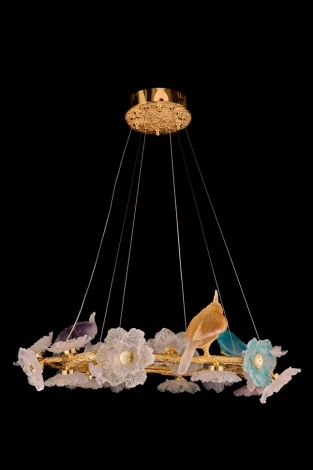 Подвесная люстра светодиодная Fluorite Sauvage FL1099-24P (220V, на тросе, цветы, ветки, птички)