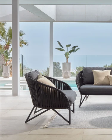 Кресло из ротанга La Forma (ex Julia Grup) Branzie (Черный/ Сталь,Веревка,Пена)