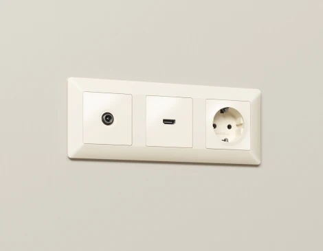 Комплект механизма Ambrella Volt электрической розетки ALFA MA327010 Бежевый матовый с заземлением со шторками 2P+E 16A-250V QUANT