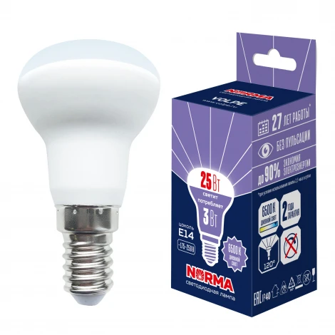 Лампа светодиодная, форма "Рефлектор", матовая, дневной белый свет 6500K Volpe Norma LED-R39-3W/6500K/E14/FR/NR