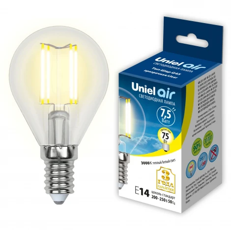 Лампочка светодиодная груша прозрачная E14 7,5W 3000K Uniel LED-G45-7,5W/WW/E14/CL GLA01TR