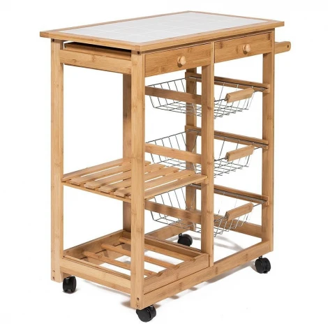 Столик передвижной кухонный разделочный (mod. JW3-2063) натуральный (прессованный бамбук/плитка)