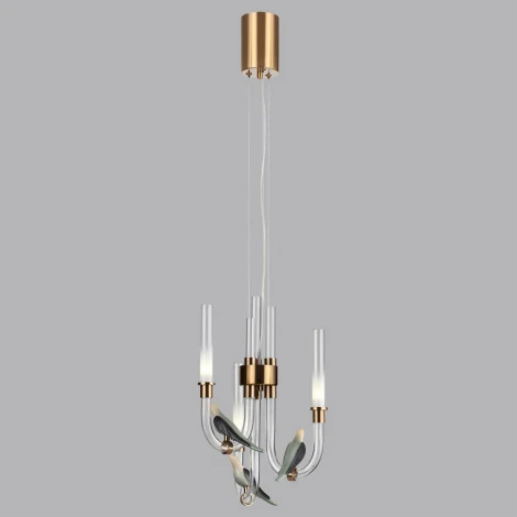 Подвесной светильник Odeon Light Lark 5431/6L золотой(под латунь)/белый градиент/беж./зеленый/ металл/стекло/керамикаLED 6W 4000K (220V, на тросе, птички)