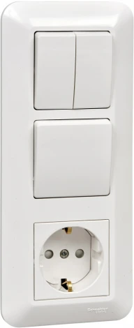 Розетка встраиваемая с заземлением с одноклавишным и двухклавишным выключателем (белый) Systeme Electric Prima BK2VR-008A-BI