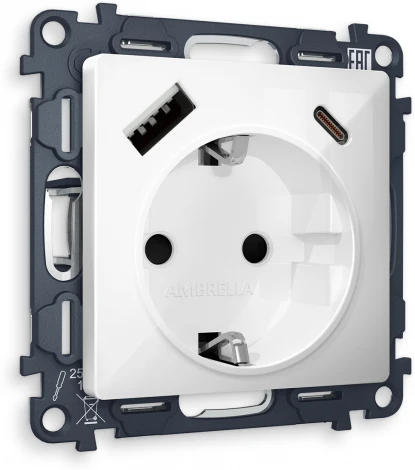 Комплект механизма Ambrella Volt электрической розетки ALFA MA110010 Белый глянец 2USB A+C 20W быстрая зарядка с заземлением и шторками 2P+E 16A-250V QUANT