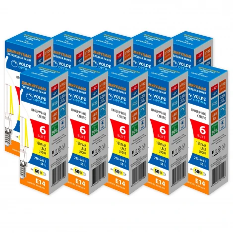 Лампа светодиодная диммируемая свеча на ветру Volpe Optima DIM Филамент DIM LED-CW35-6W/3000K/E14/CL/DIM/SLF Набор из 10штук прозрачная теплый белый свет 3000K
