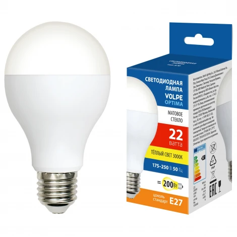 Лампа светодиодная матовая, теплый белый свет 3000K Volpe Optima LED-A70-22W/3000K/E27/FR/SLS