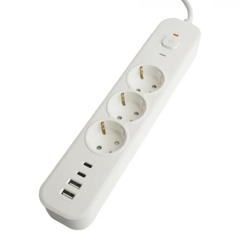 Сетевой фильтр 3-х местный с заземлением 2хUSB Type-A + 2хUSB Type-С 1,8м. (белый) Stekker Nova 50099