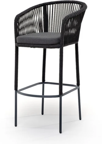 "Марсель" стул барный плетеный из роупа, каркас из стали темно-серый (RAL7024) муар, роуп темно-серый круглый, ткань темно-серая 027 4SIS арт.УТ-00006170