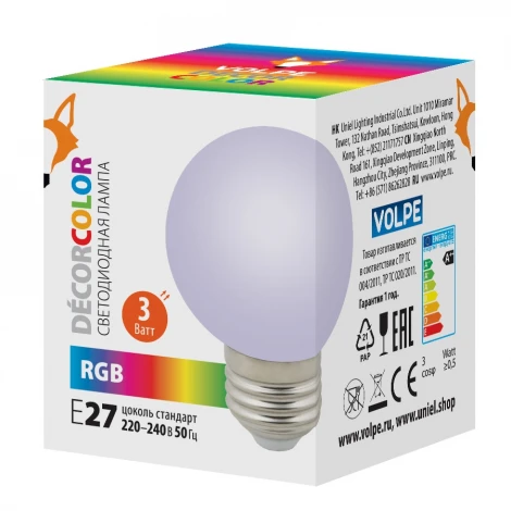 Лампочка светодиодная RGB шар белая E27 3W Volpe LED-G60-3W/RGB/E27/FR/С