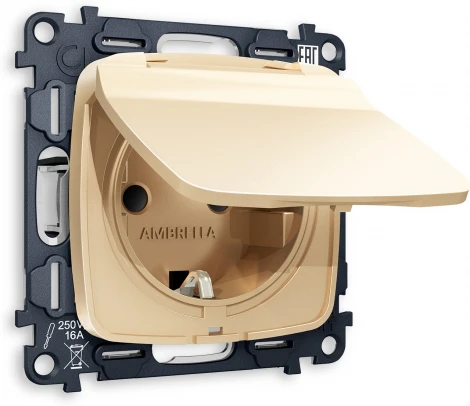 Комплект механизма Ambrella Volt электрической розетки OMEGA MO608010 Шампань с заземлением с шторками и защитной крышкой 2P+E 16A-250V IP44 QUANT