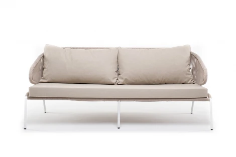 "Милан" диван 3-местный плетеный из роупа, каркас алюминий белый муар, роуп бежевый круглый, ткань бежевая 052 4SIS арт.УТ-00004929