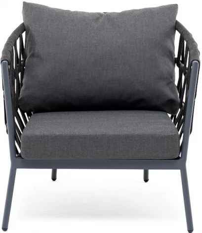 "Диего" кресло плетеное из роупа, каркас алюминий темно-серый (RAL7024) муар, роуп темно-серый круглый, ткань темно-серая 027 4SIS арт.УТ-00006829