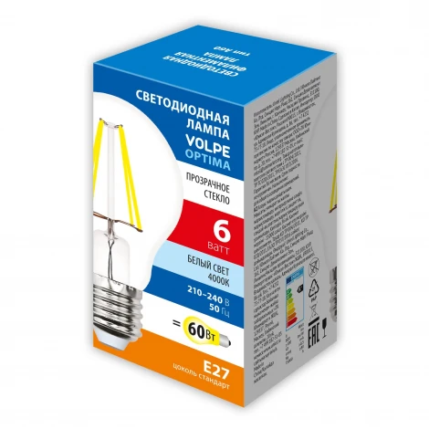 Лампочка светодиодная филаментная Volpe LED-A60-SLF LED-A60-6W/4000K/E27/CL/SLF