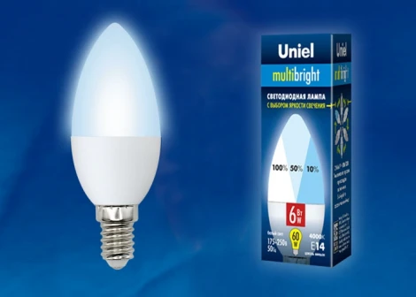 Лампочка светодиодная свеча белая E14 6W 4000K Uniel LED-C37-6W/NW/E14/FR/MB PLM11WH