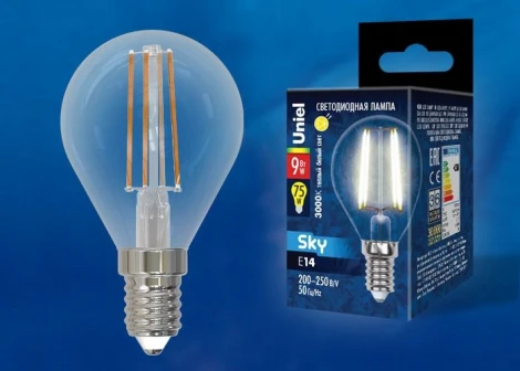 Лампочка светодиодная шар прозрачная E14 9W 3000K Uniel LED-G45-9W/3000K/E14/CL PLS02WH