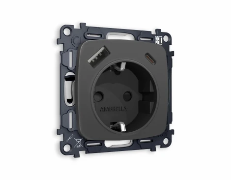 Комплект механизма Ambrella Volt электрической розетки OMEGA MO910010 Графит мягкое касание 2USB A+C 20W быстрая зарядка с заземлением и шторками 2P+E 16A-250 QUANT